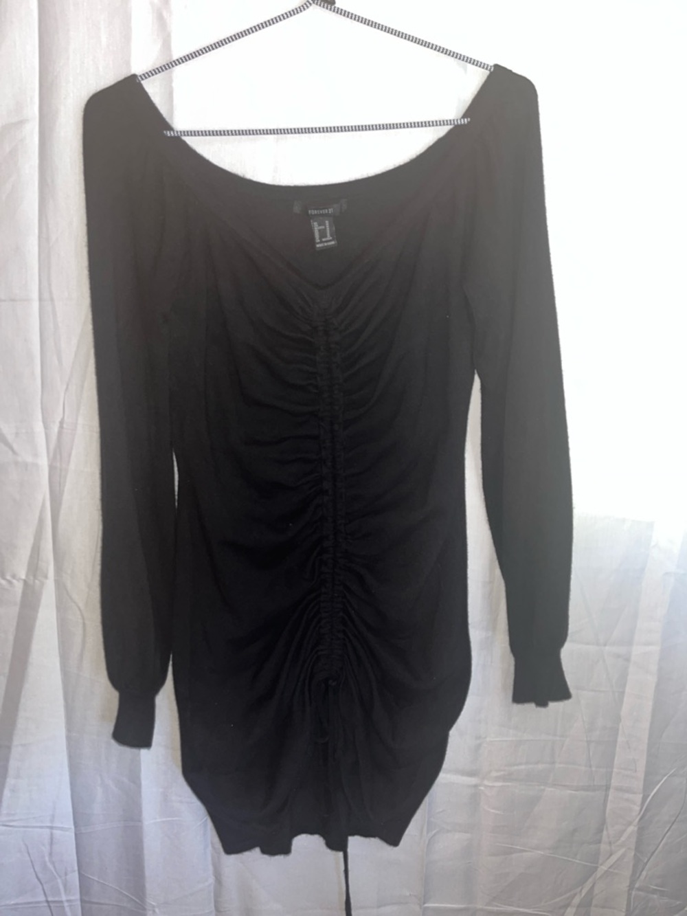 Forever 21 Black Long-Sleeve Ruched Bodycon Dress